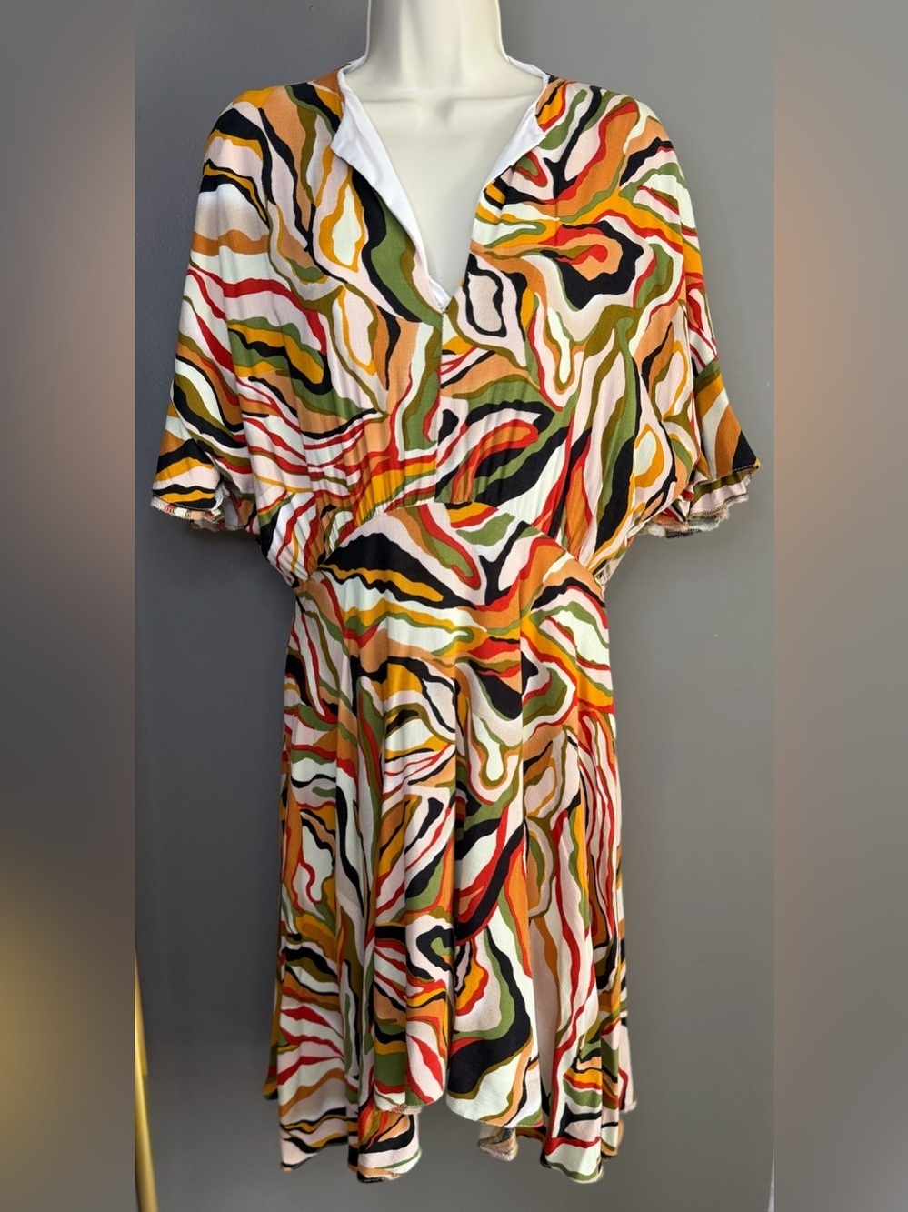 Conquista XL Abstract Print Dress V Neck Flowy Viscose Made In Greece Boho Chic